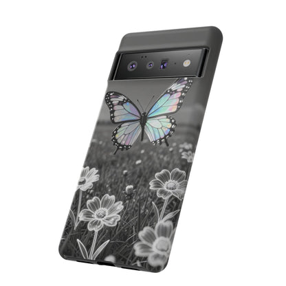 Butterfly Field Tough Phone Case — Pastel Holographic Butterfly on Black & White Floral Background