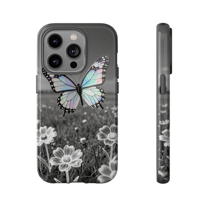 Butterfly Field Tough Phone Case — Pastel Holographic Butterfly on Black & White Floral Background