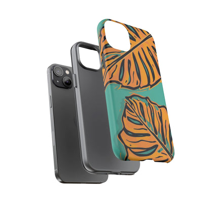 Tropical Leaf Tough Phone Case — Orange Monstera Design on Teal