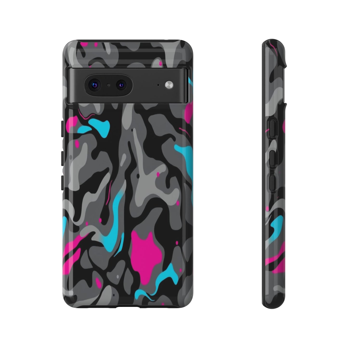Camouflage Phone Case — Gray Camo with Neon Pink & Cyan Accent Tough Protective Cover