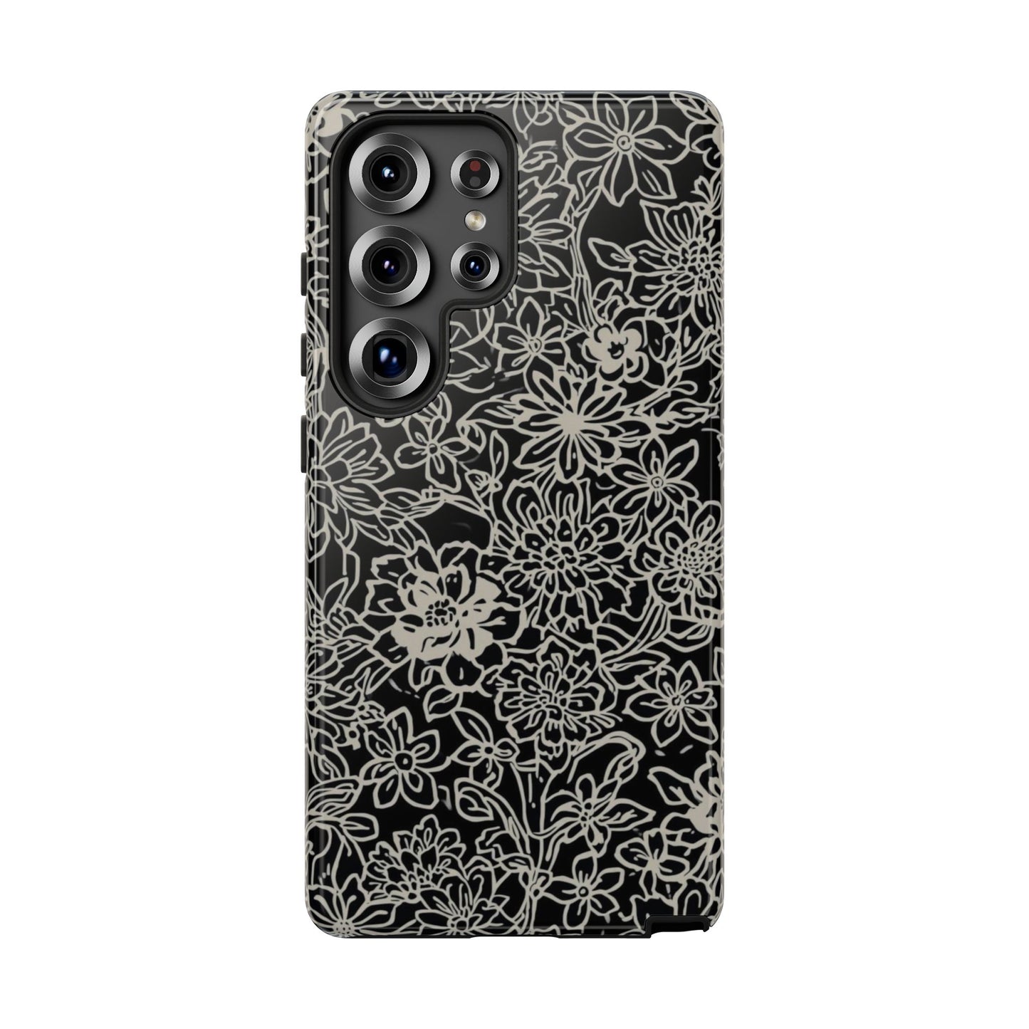 Floral Doodle Tough Phone Case — Black & White Sketch Flower Protective Cover