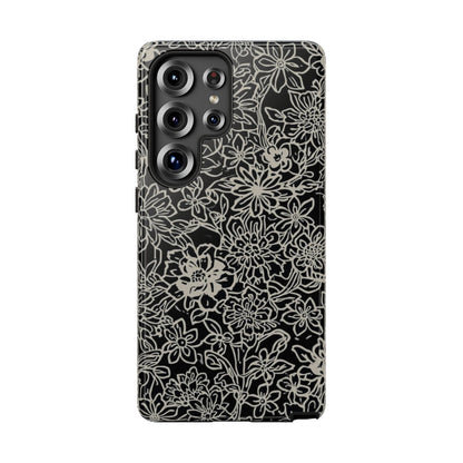 Floral Doodle Tough Phone Case — Black & White Sketch Flower Protective Cover