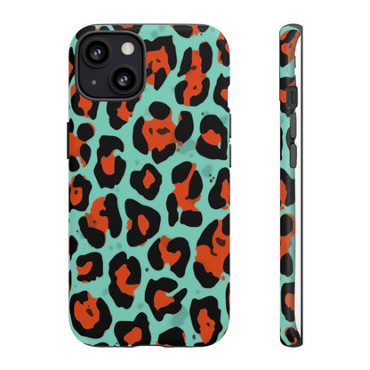 Leopard Print Tough Phone Case — Teal & Rust Protective iPhone Cover