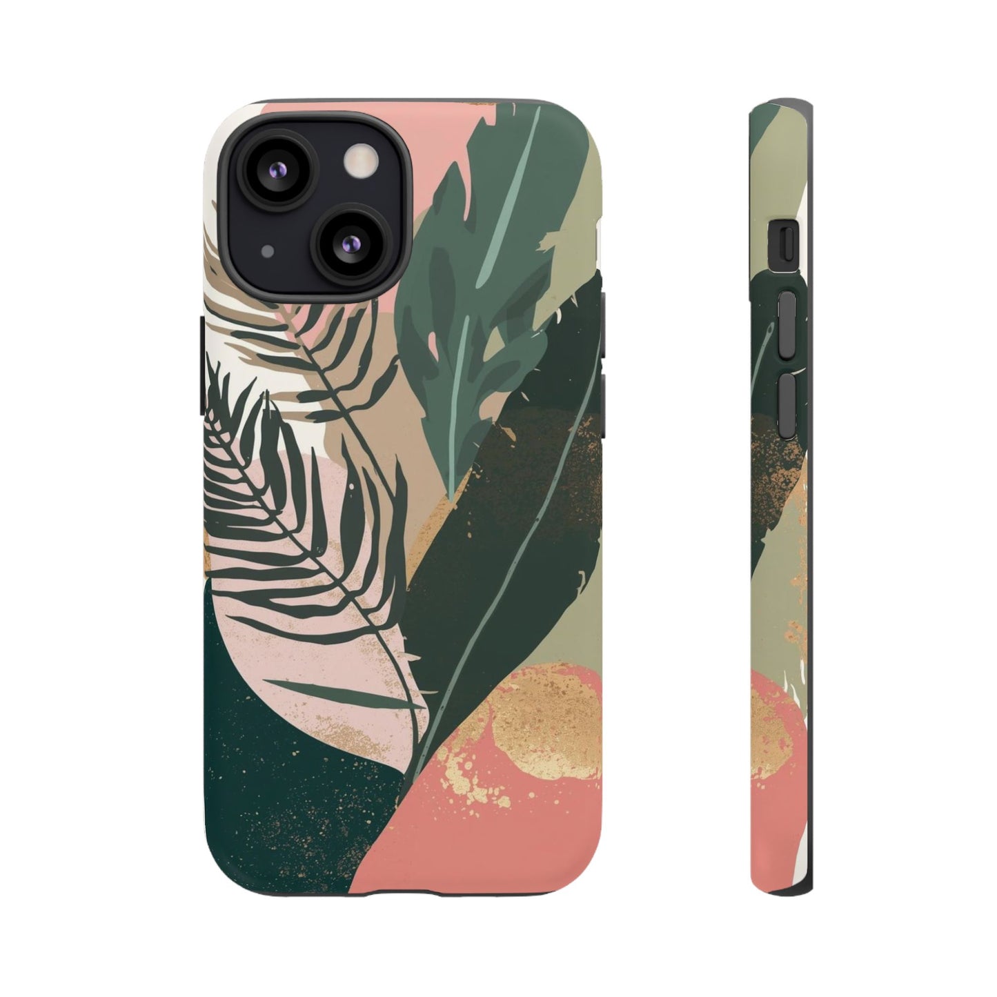 Tropical Leaf Tough Phone Case — Abstract Pink & Green Botanical Protective Cover