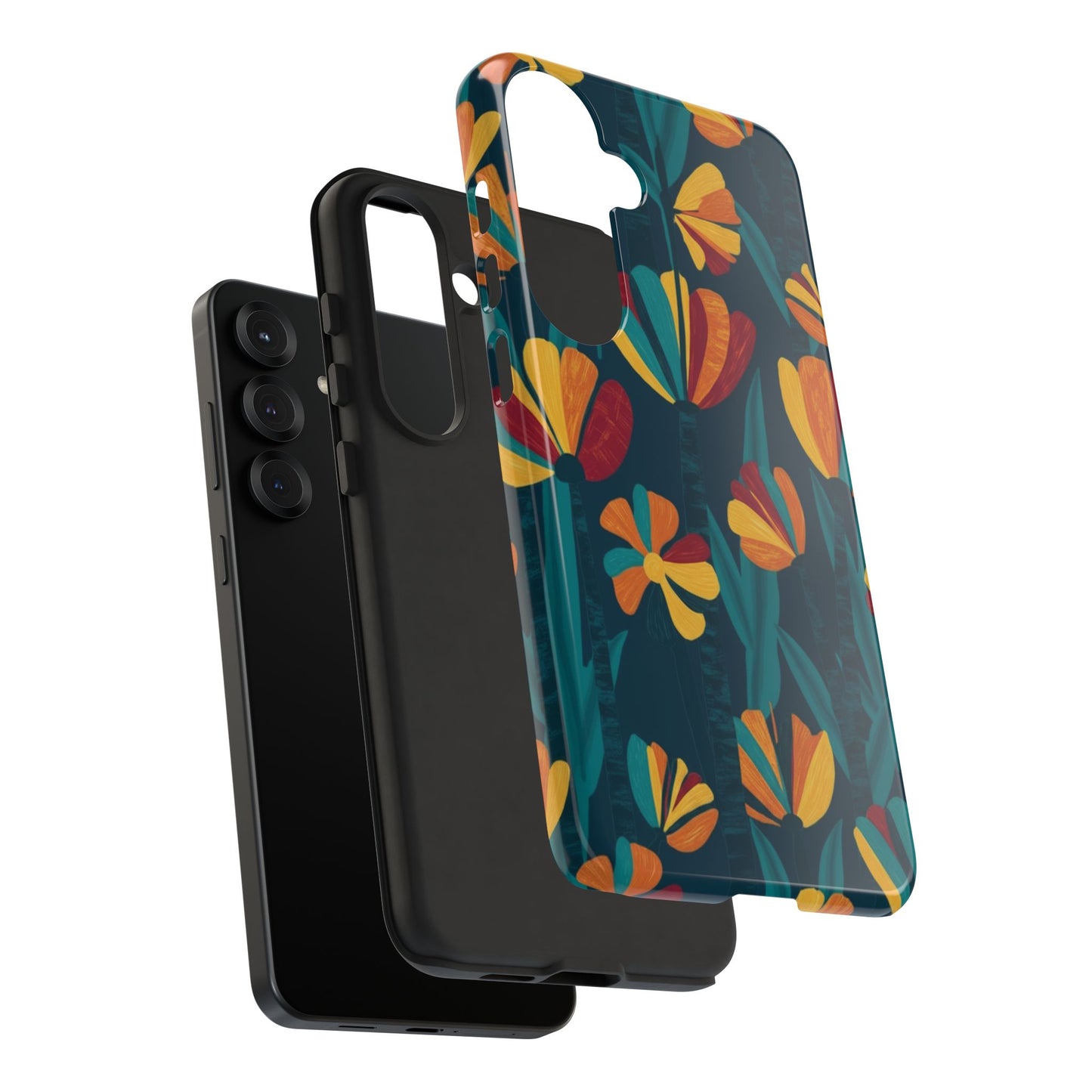 Floral Retro Teal Tough Phone Case — Vibrant Orange & Mustard Blooms
