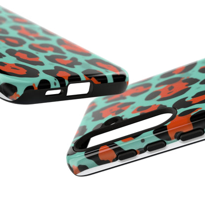 Leopard Print Tough Phone Case — Teal & Rust Protective iPhone Cover