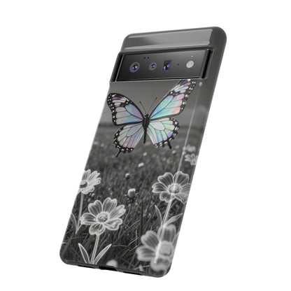 Butterfly Field Tough Phone Case — Pastel Holographic Butterfly on Black & White Floral Background
