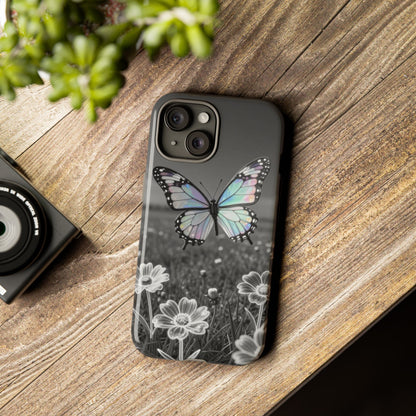 Butterfly Field Tough Phone Case — Pastel Holographic Butterfly on Black & White Floral Background