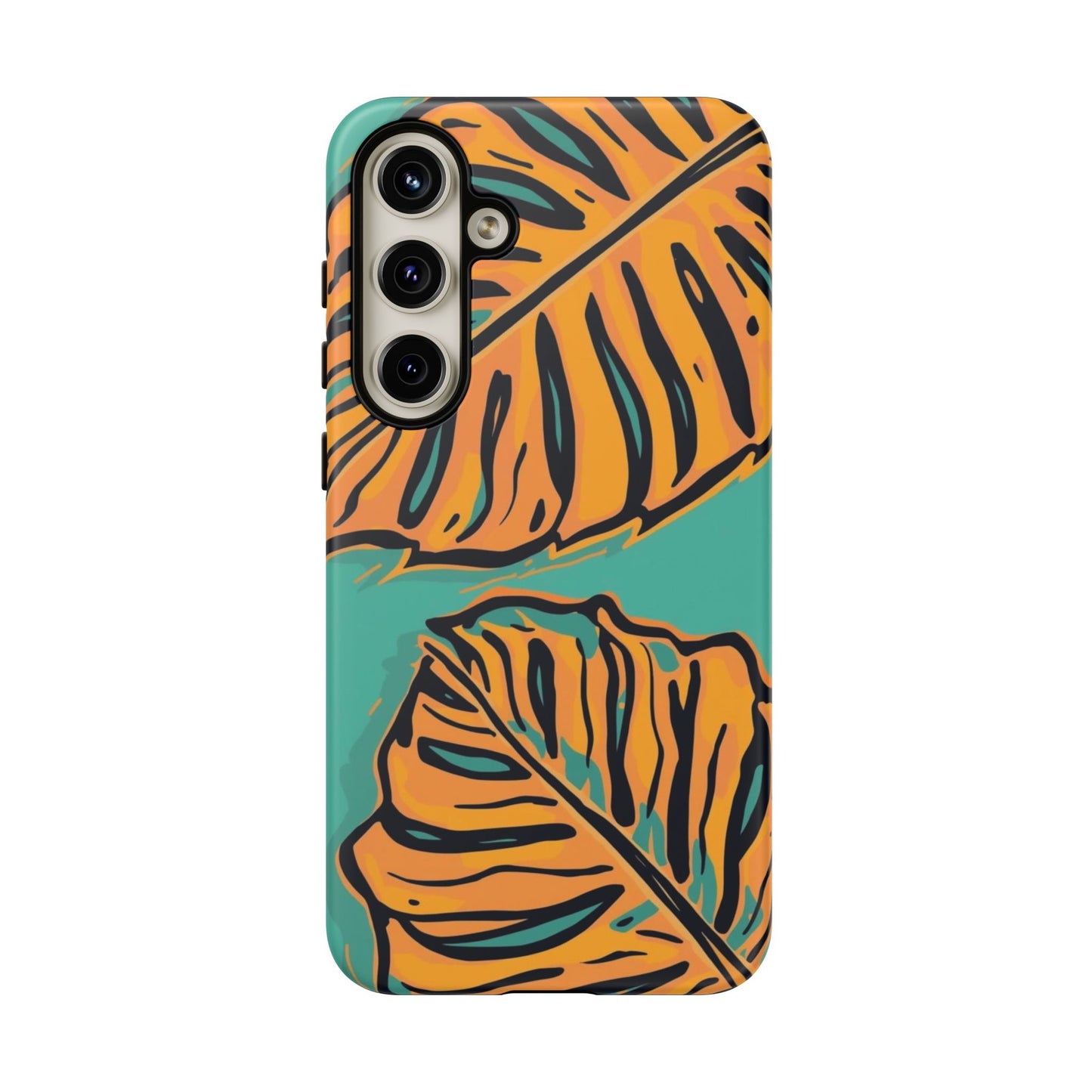 Tropical Leaf Tough Phone Case — Orange Monstera Design on Teal