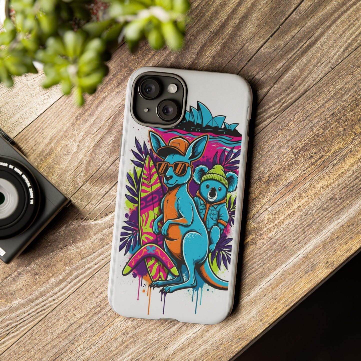 Kangaroo & Koala Surf Phone Case — Retro Neon Beach Art Tough Case
