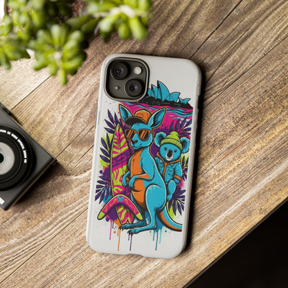 Kangaroo & Koala Surf Phone Case — Retro Neon Beach Art Tough Case