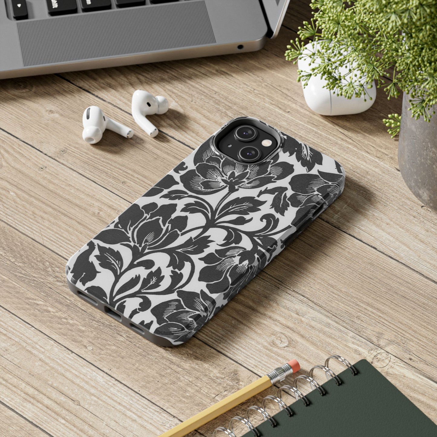 Tough Phone Case — Black & White Vintage Floral Protective Cover