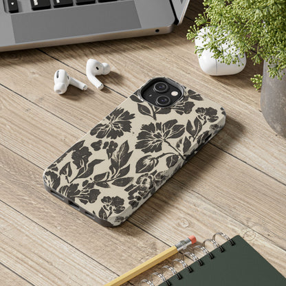 Floral Noir Tough Phone Case — Black Vintage Flower Protective Cover