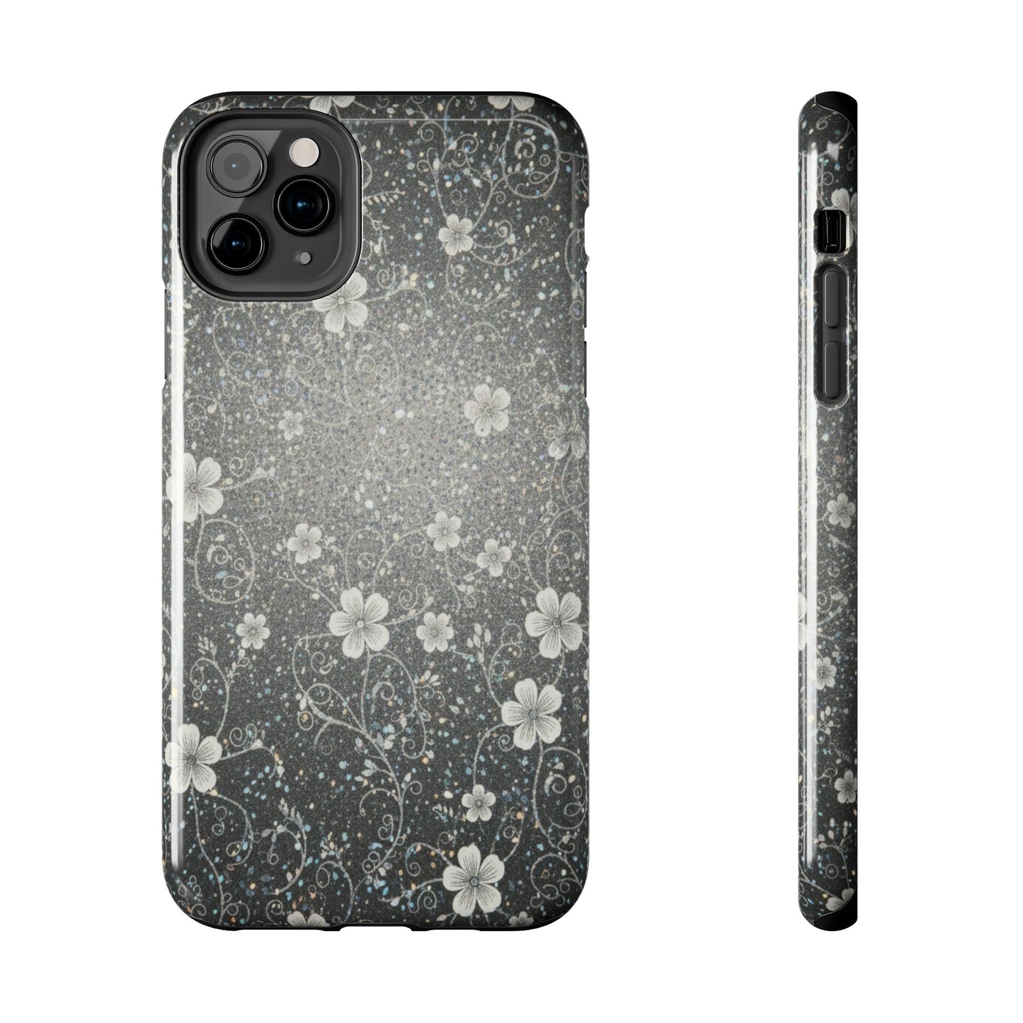 Floral Sparkle Tough Phone Case — Black & Silver Vintage Blossom