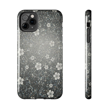 Floral Sparkle Tough Phone Case — Black & Silver Vintage Blossom