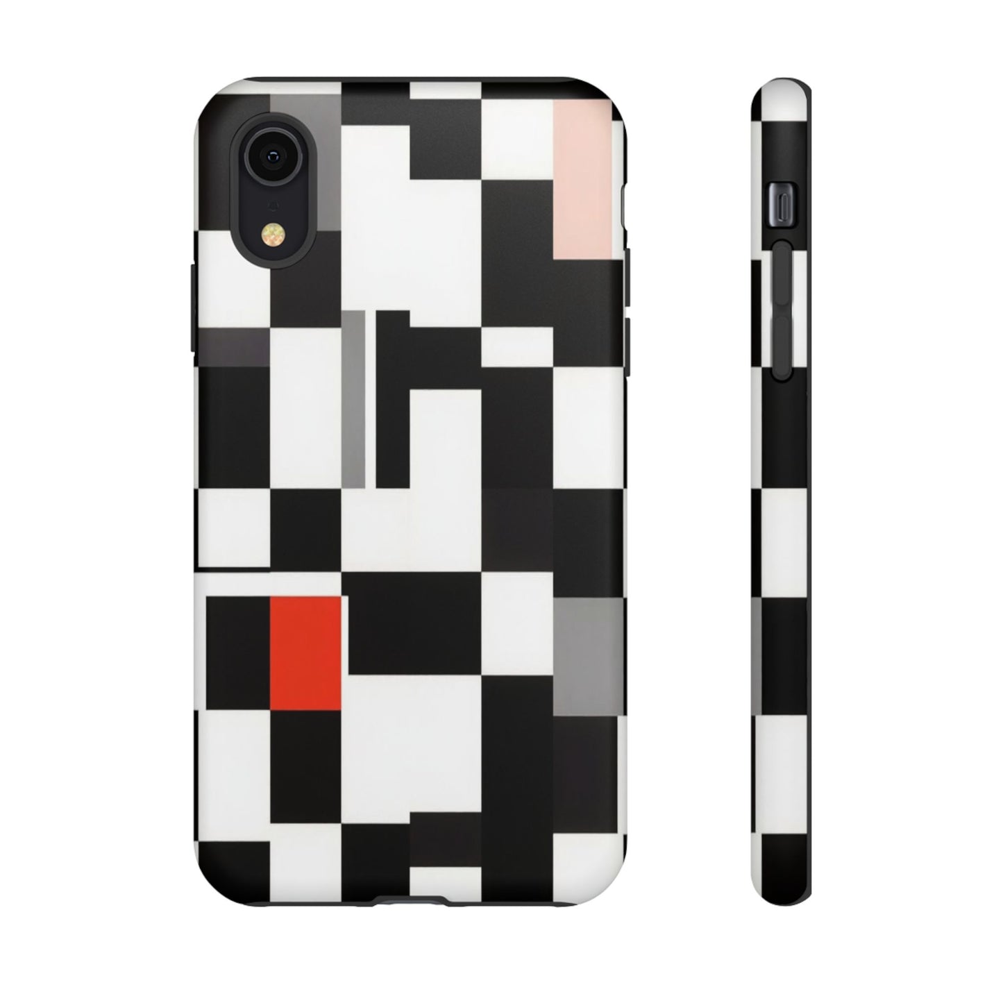 Abstract Geometric Phone Case – Black & White Checker Grid with Red Accent