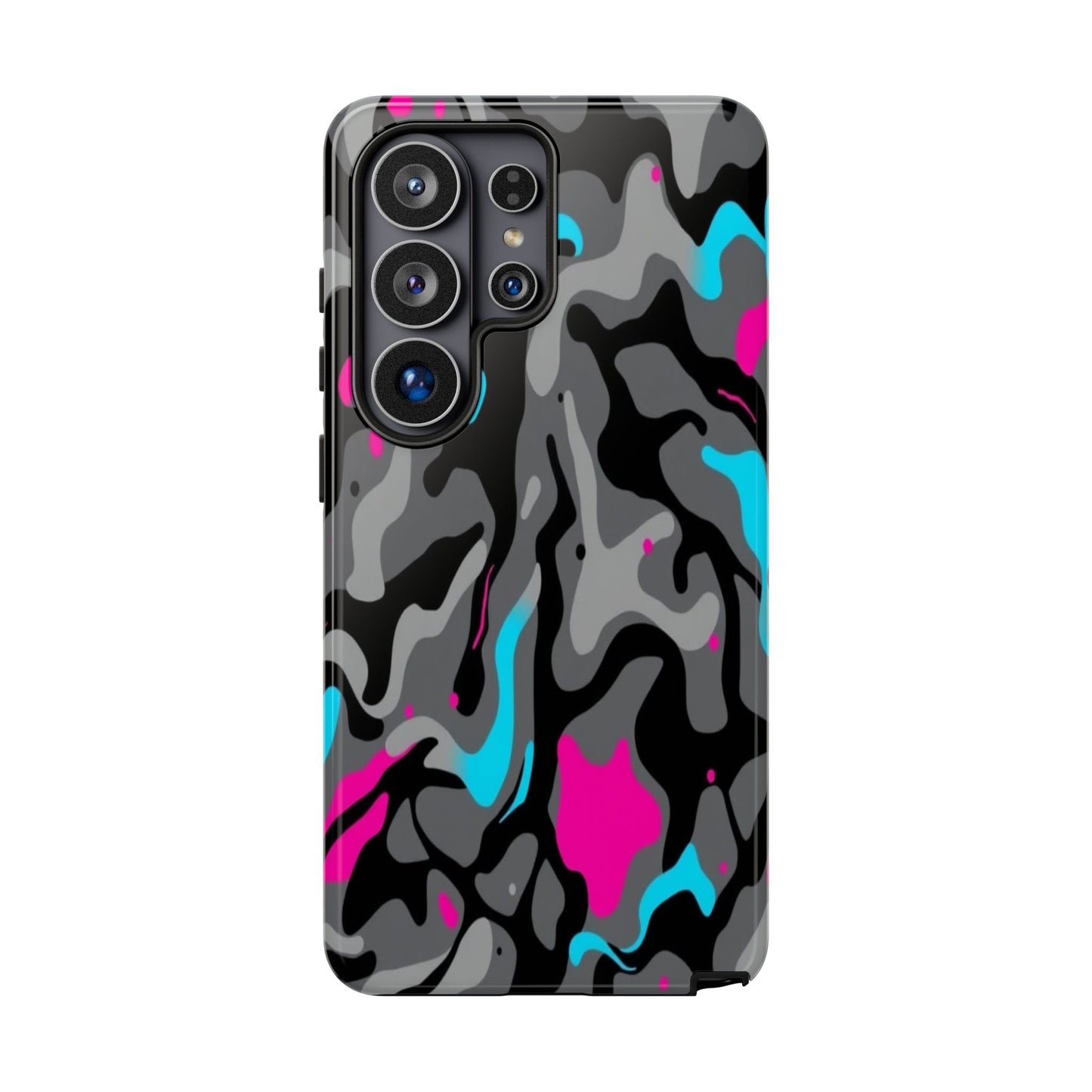 Camouflage Phone Case — Gray Camo with Neon Pink & Cyan Accent Tough Protective Cover
