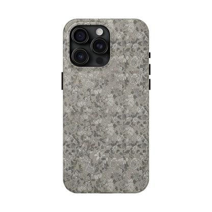 Gray Floral Tough Phone Case — Durable Protective Phone Cover with Vintage Botanical Pattern