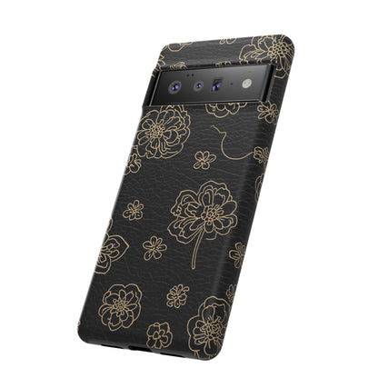 Floral Leather-Texture Tough Case – Black Gold Outline Phone Cover