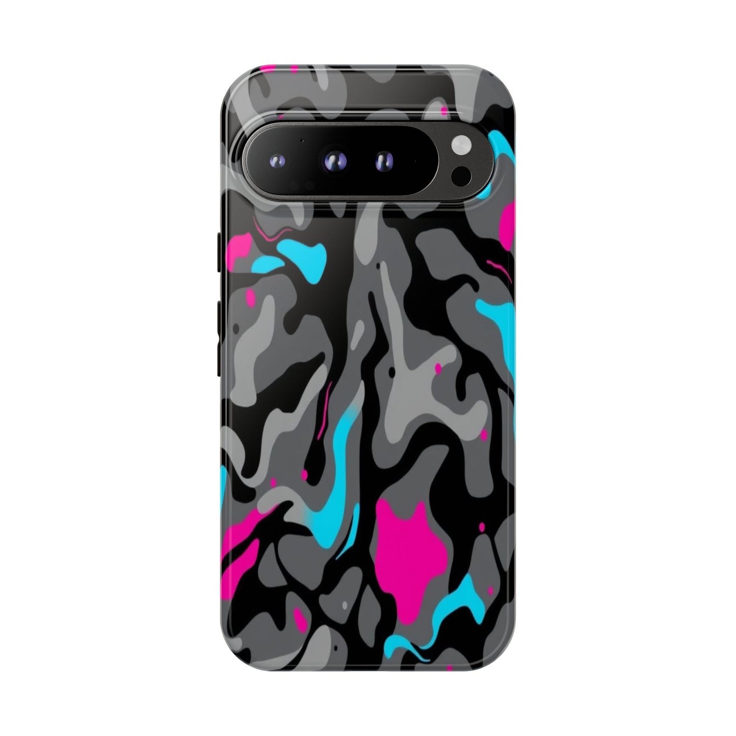 Camouflage Phone Case — Gray Camo with Neon Pink & Cyan Accent Tough Protective Cover