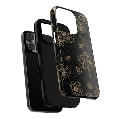 Floral Leather-Texture Tough Case – Black Gold Outline Phone Cover