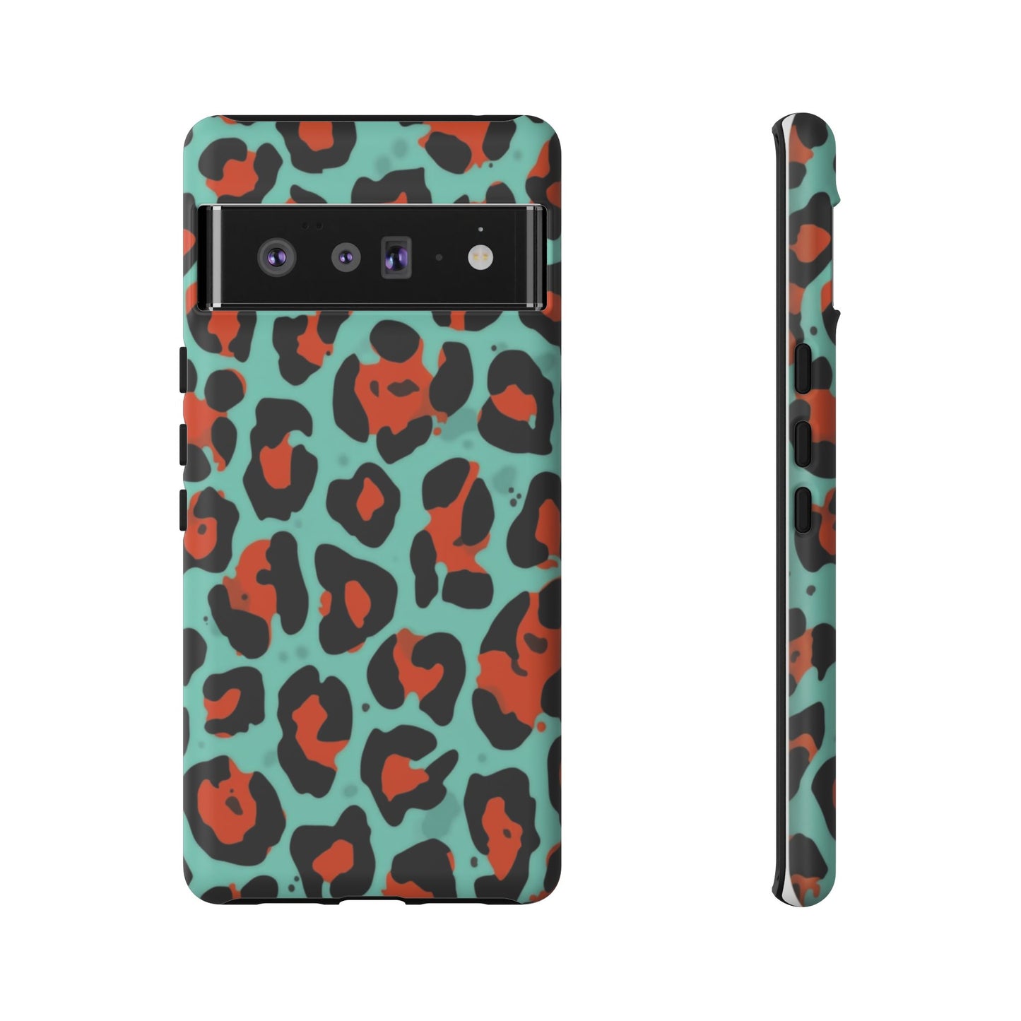 Leopard Print Tough Phone Case — Teal & Rust Protective iPhone Cover