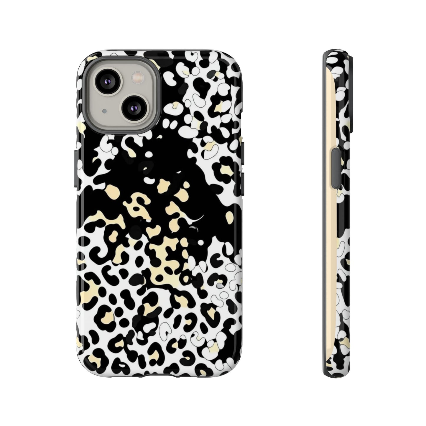 Leopard Splash Tough Phone Case — Black & Cream Animal Print Protective Cover