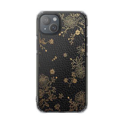 Clear Impact Phone Case — Black Leather Texture with Gold Floral Foil