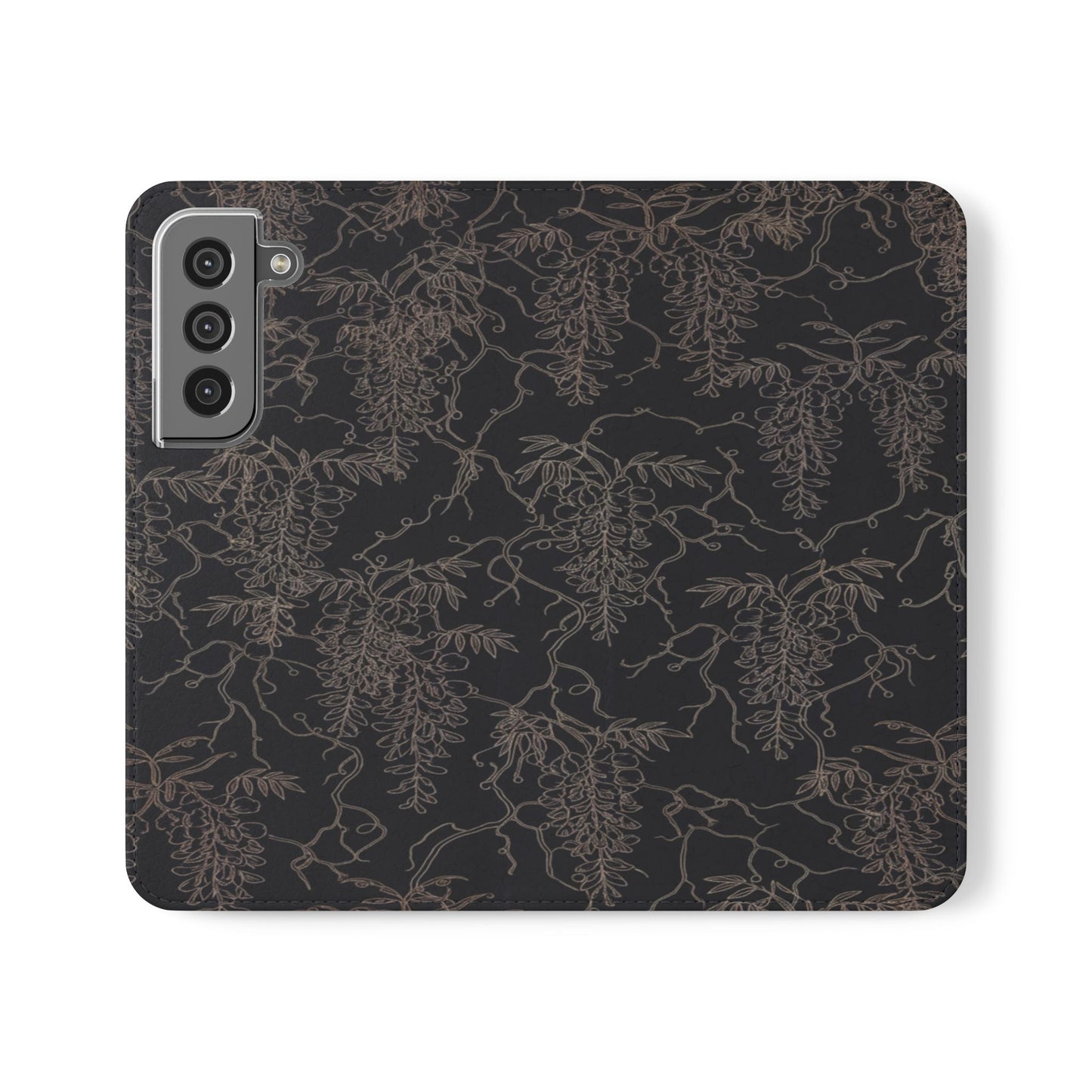 Botanical Noir Flip Phone Case — Dark Floral Wallet Cover with Card Slots
