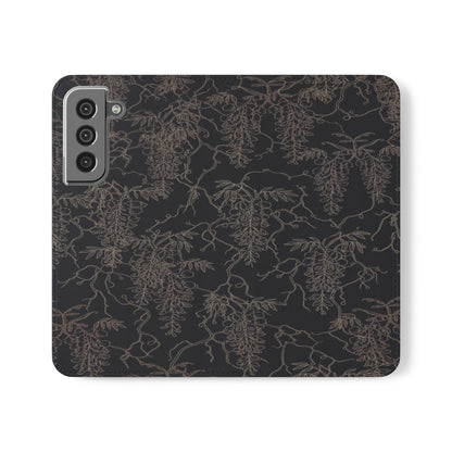 Botanical Noir Flip Phone Case — Dark Floral Wallet Cover with Card Slots