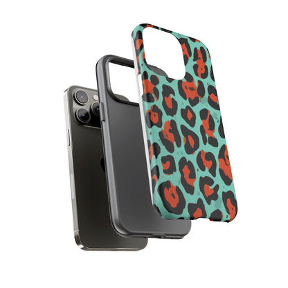 Leopard Print Tough Phone Case — Teal & Rust Protective iPhone Cover