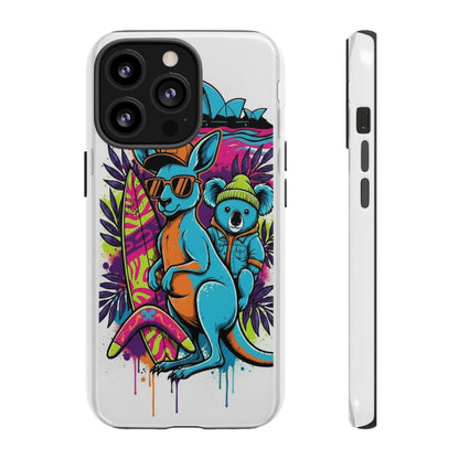 Kangaroo & Koala Surf Phone Case — Retro Neon Beach Art Tough Case