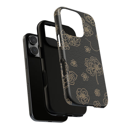Floral Leather-Texture Tough Case – Black Gold Outline Phone Cover