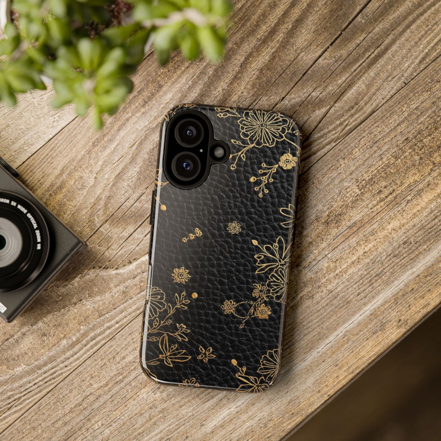 Floral Gold Foil Leather Texture Tough Phone Case