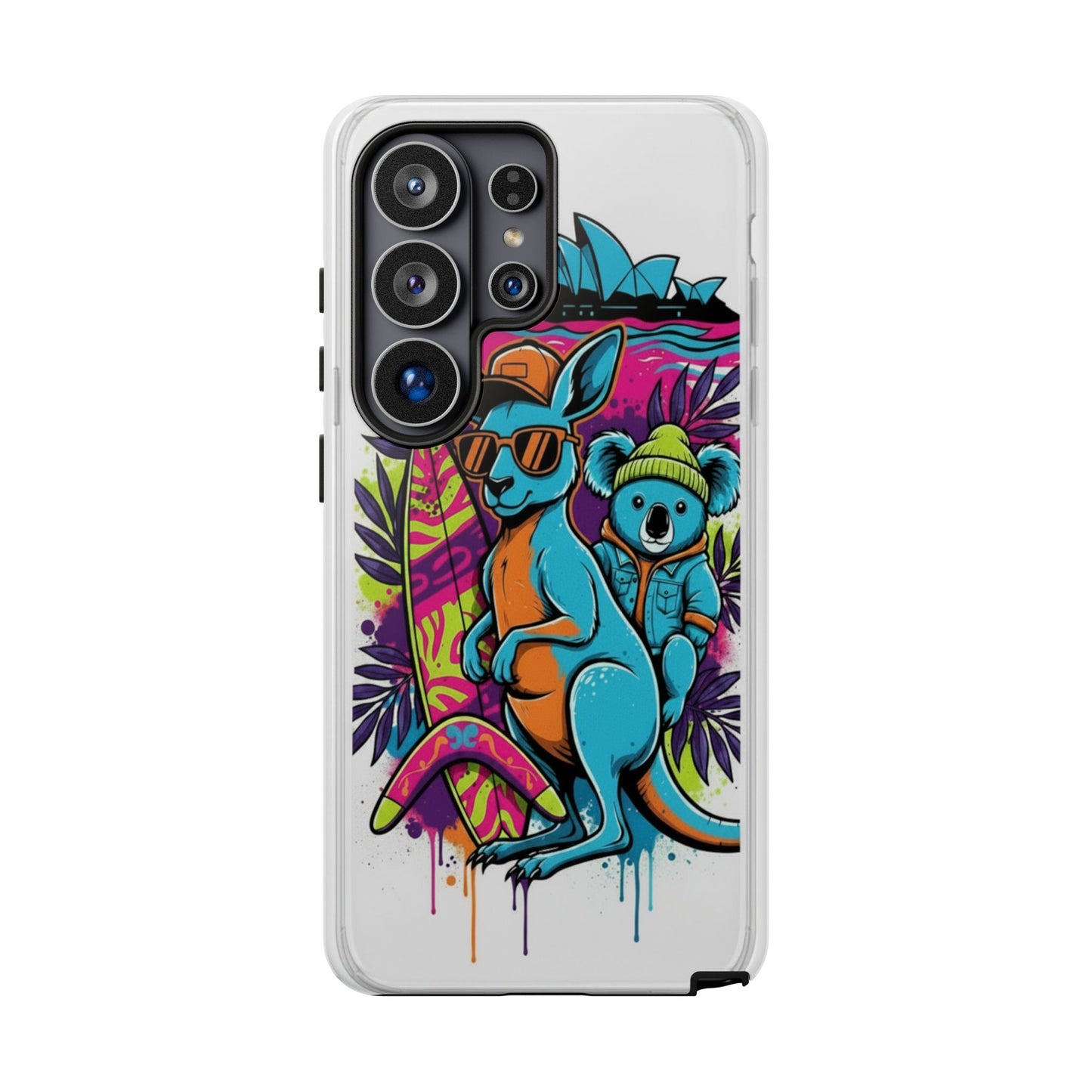 Kangaroo & Koala Surf Phone Case — Retro Neon Beach Art Tough Case