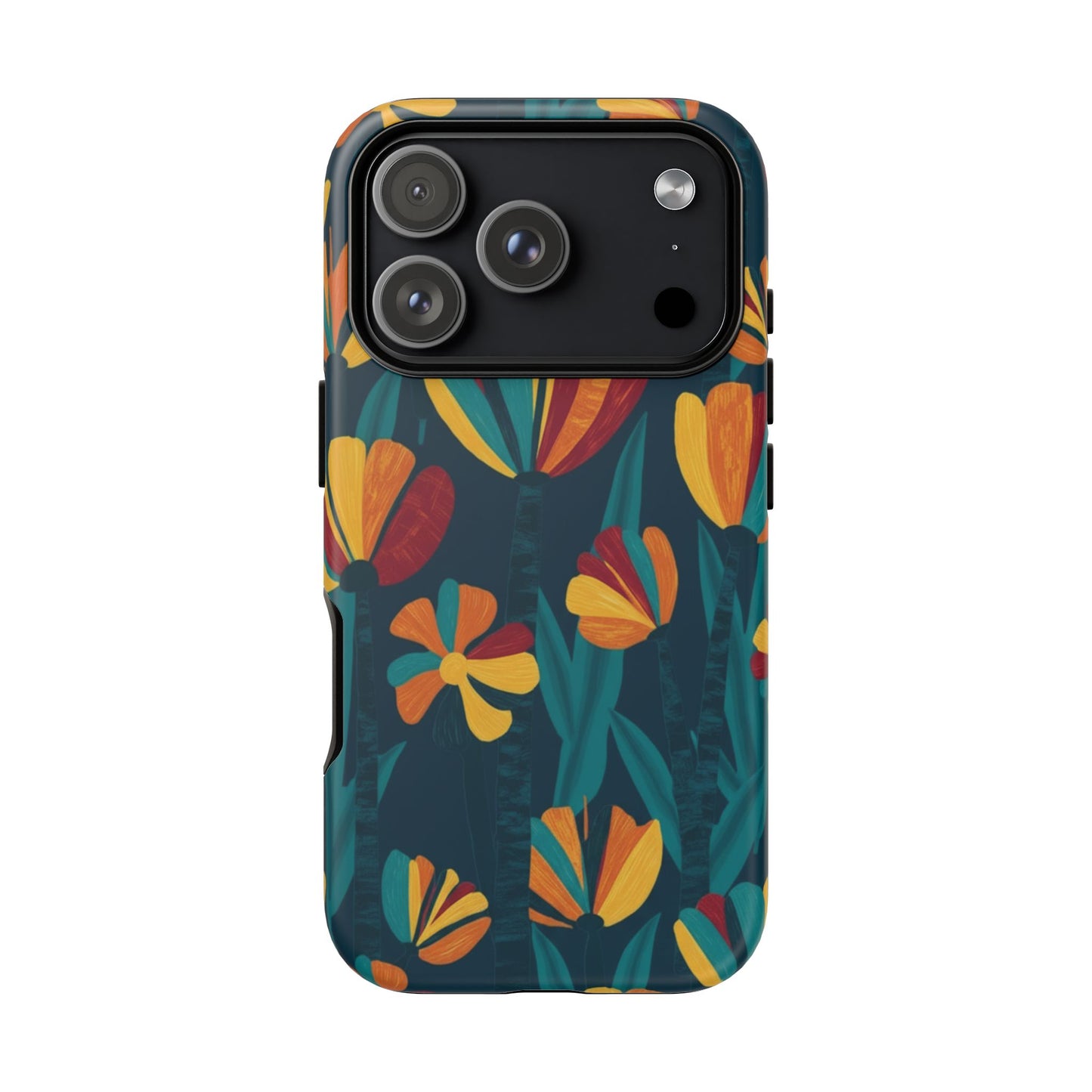 Floral Retro Teal Tough Phone Case — Vibrant Orange & Mustard Blooms
