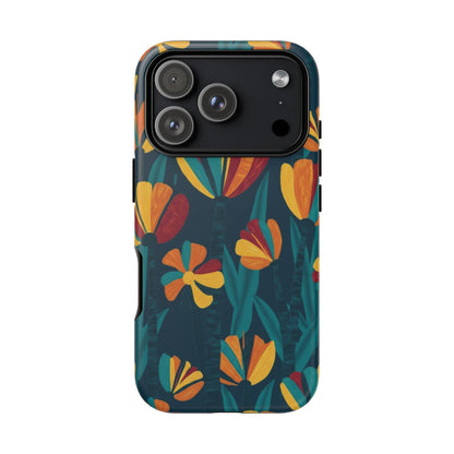 Floral Retro Teal Tough Phone Case — Vibrant Orange & Mustard Blooms