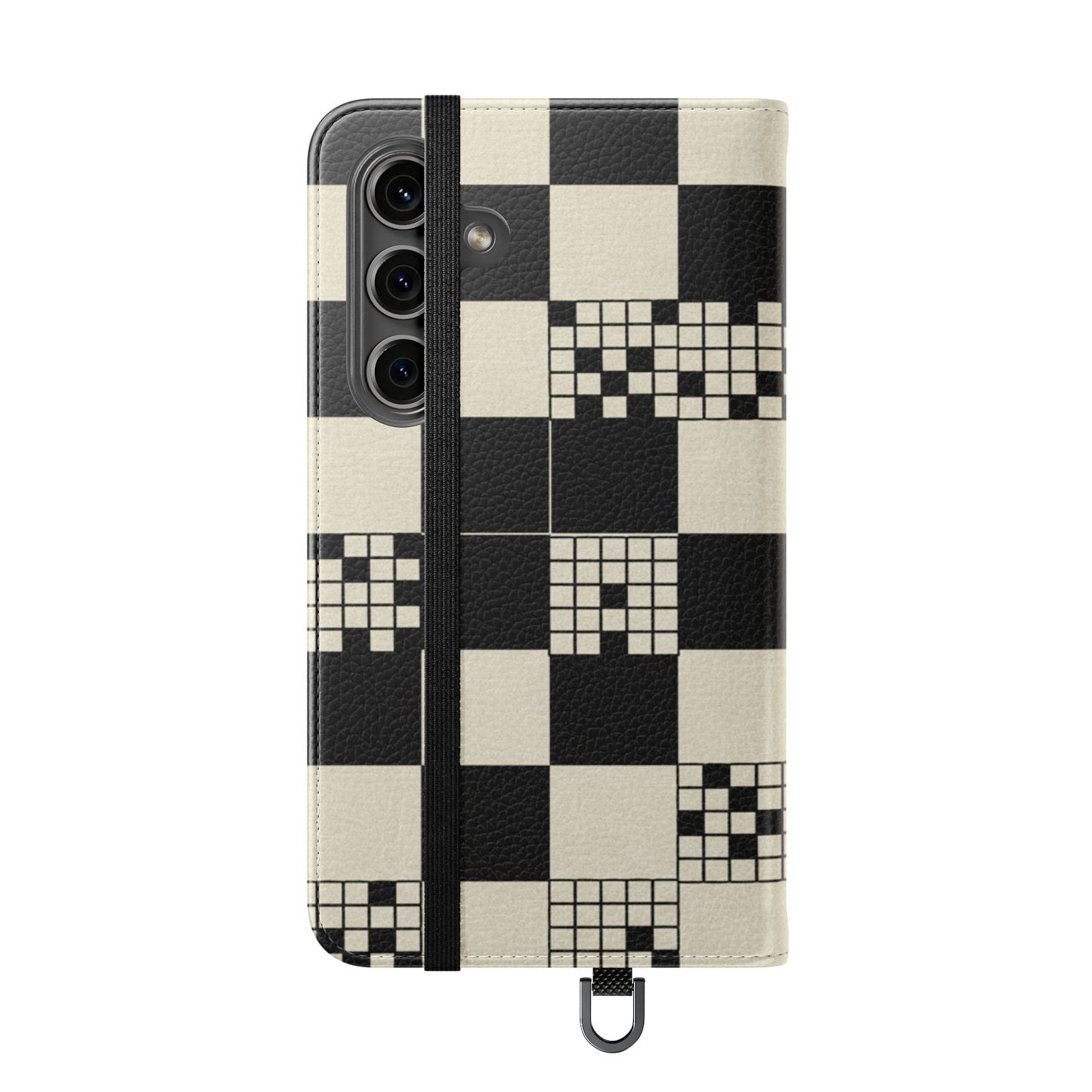 Checkerboard Flip Phone Case – Retro Black & Cream Geometric Wallet Case