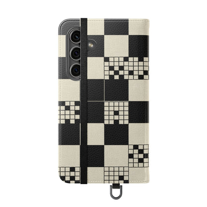 Checkerboard Flip Phone Case – Retro Black & Cream Geometric Wallet Case