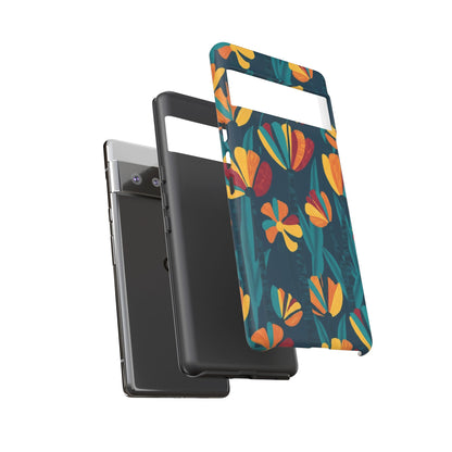 Floral Retro Teal Tough Phone Case — Vibrant Orange & Mustard Blooms