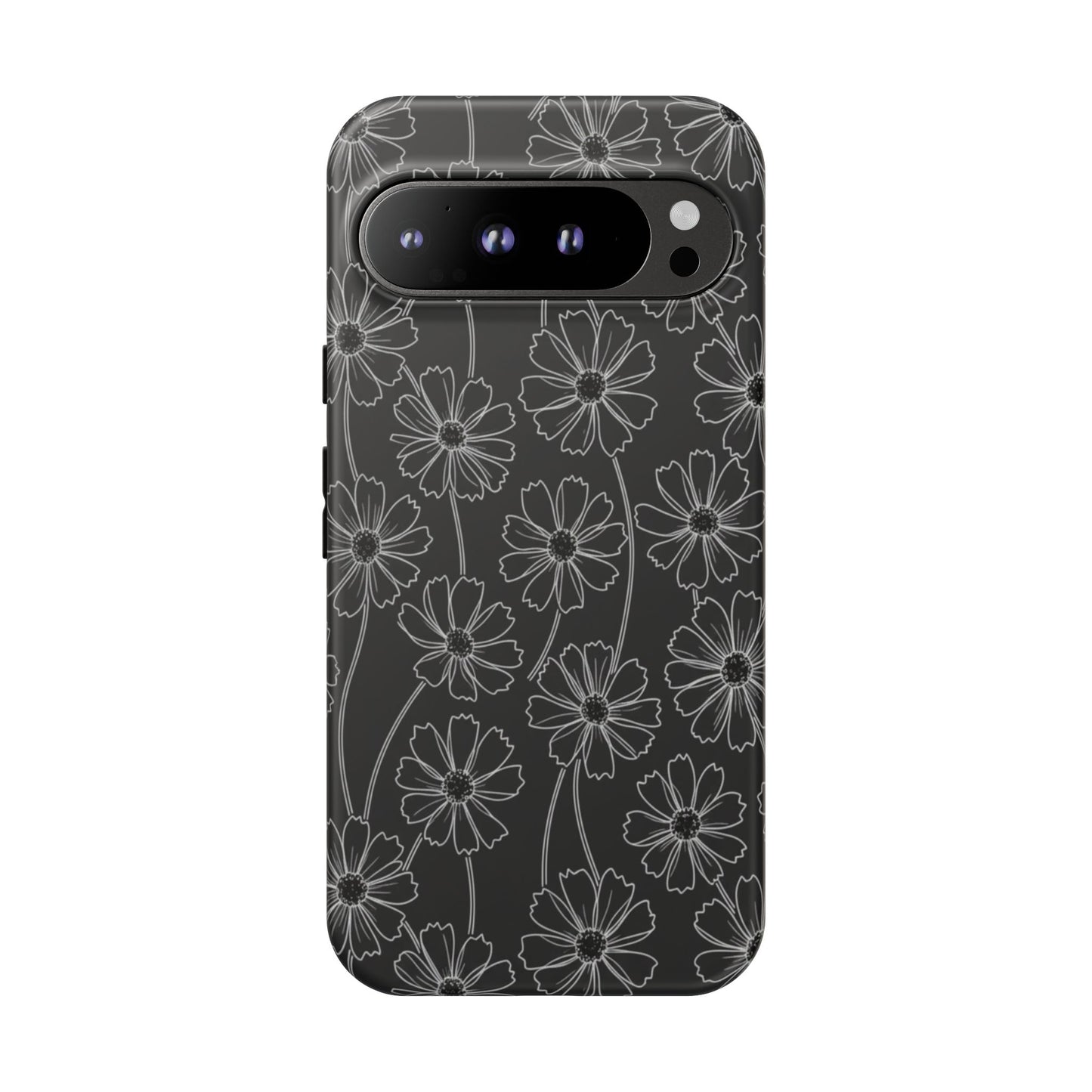 Floral Doodle Tough Phone Case — Black & Gray Daisy Pattern