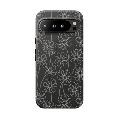Floral Doodle Tough Phone Case — Black & Gray Daisy Pattern