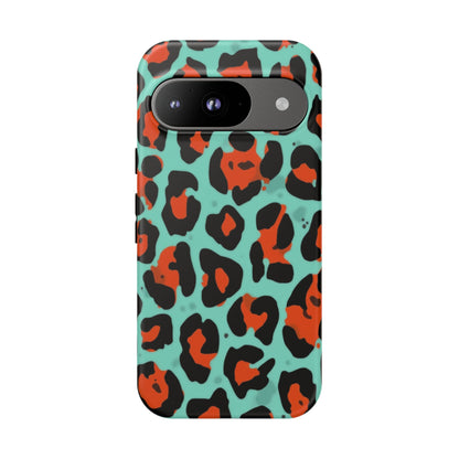 Leopard Print Tough Phone Case — Teal & Rust Protective iPhone Cover