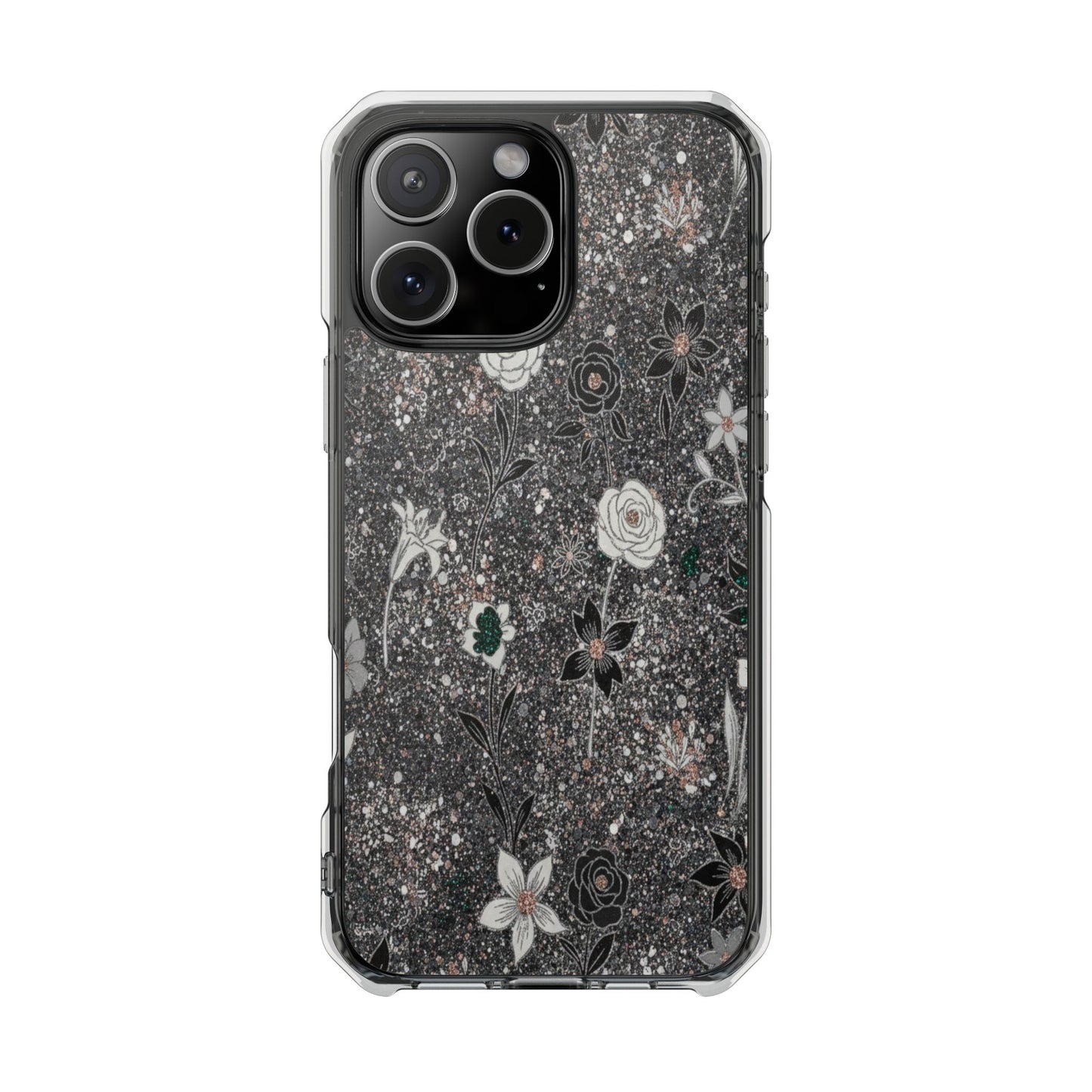 Clear Floral Glitter Magnetic Phone Case — Protective Impact Case with Rose & Daisy Design