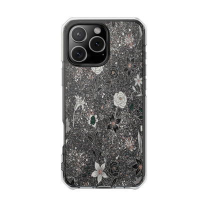 Clear Floral Glitter Magnetic Phone Case — Protective Impact Case with Rose & Daisy Design