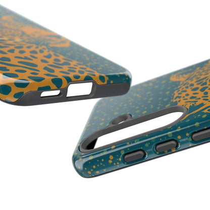Leopard Print Tough Phone Case — Gold Panther on Teal, Protective iPhone Cover