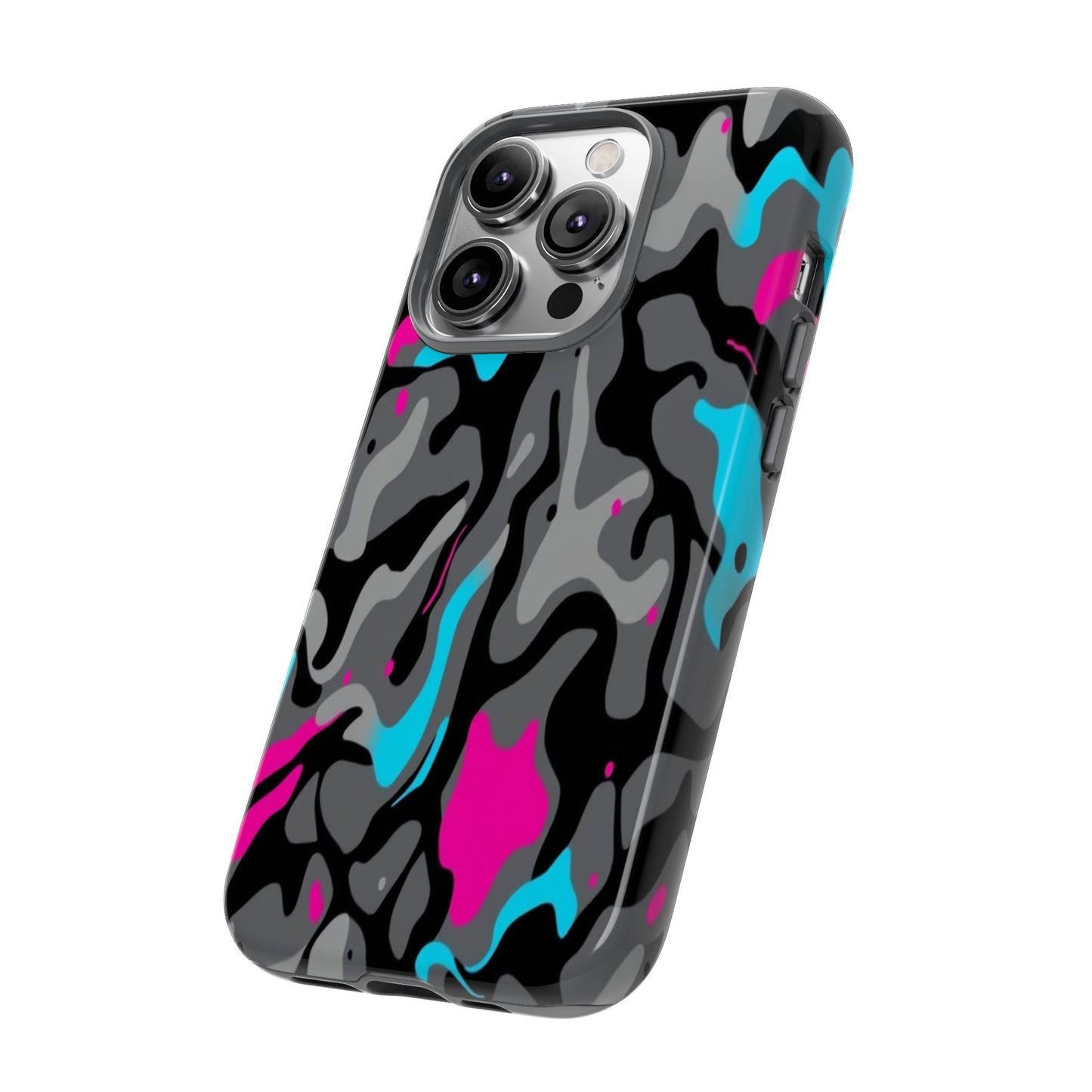 Camouflage Phone Case — Gray Camo with Neon Pink & Cyan Accent Tough Protective Cover