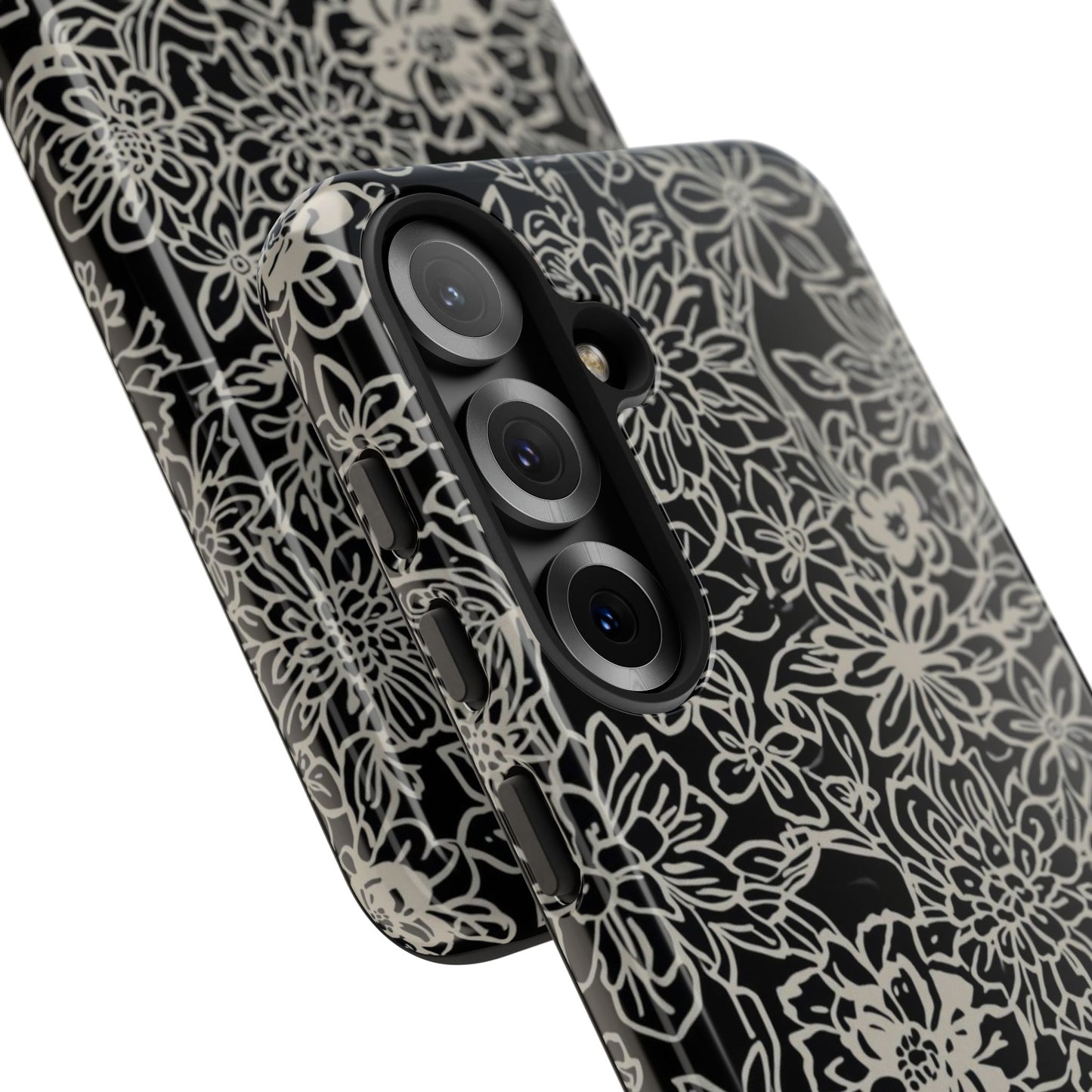 Floral Doodle Tough Phone Case — Black & White Sketch Flower Protective Cover