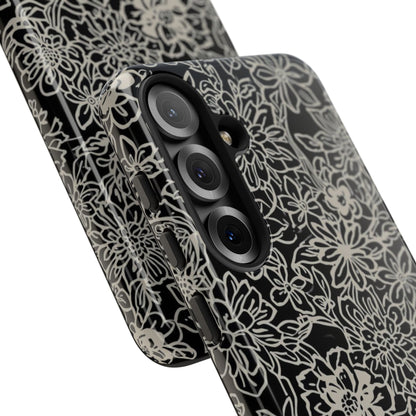 Floral Doodle Tough Phone Case — Black & White Sketch Flower Protective Cover