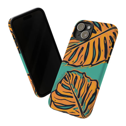 Tropical Leaf Tough Phone Case — Orange Monstera Design on Teal